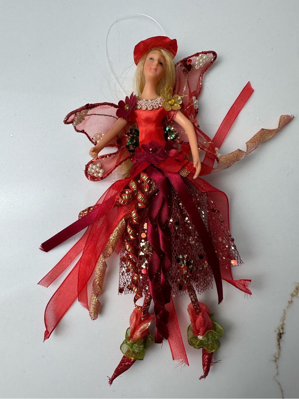 Red & Gold Fairy Christmas Ornament with Beaded Wings